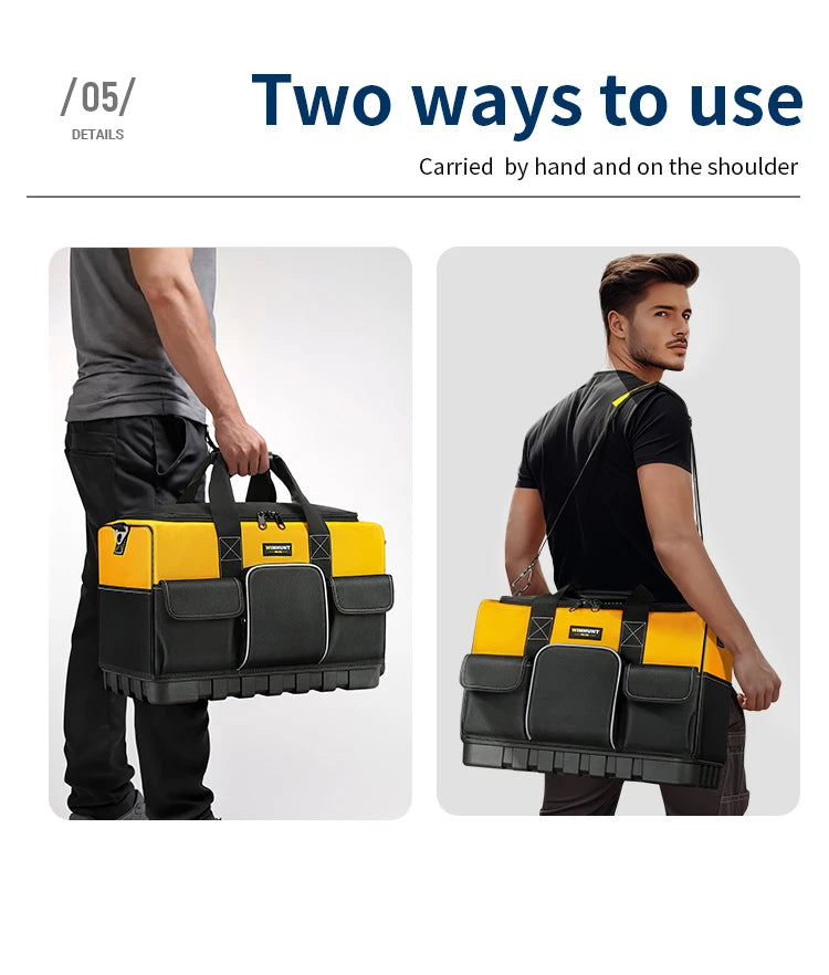 WINHUNT Heavy-Duty Tool Bag with Wide Mouth & Molded Bottom - Adjustable Shoulder Strap, Durable Polyester, Yellow/Black