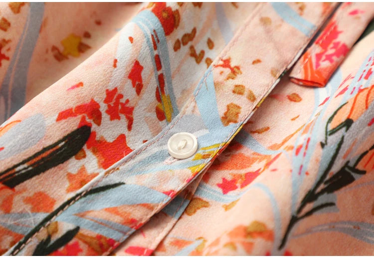 Women 100% Natural Silk Crepe Silk Beige Floral printed shirt Dress half sleeve split neck with belt midi dress L XL FF011