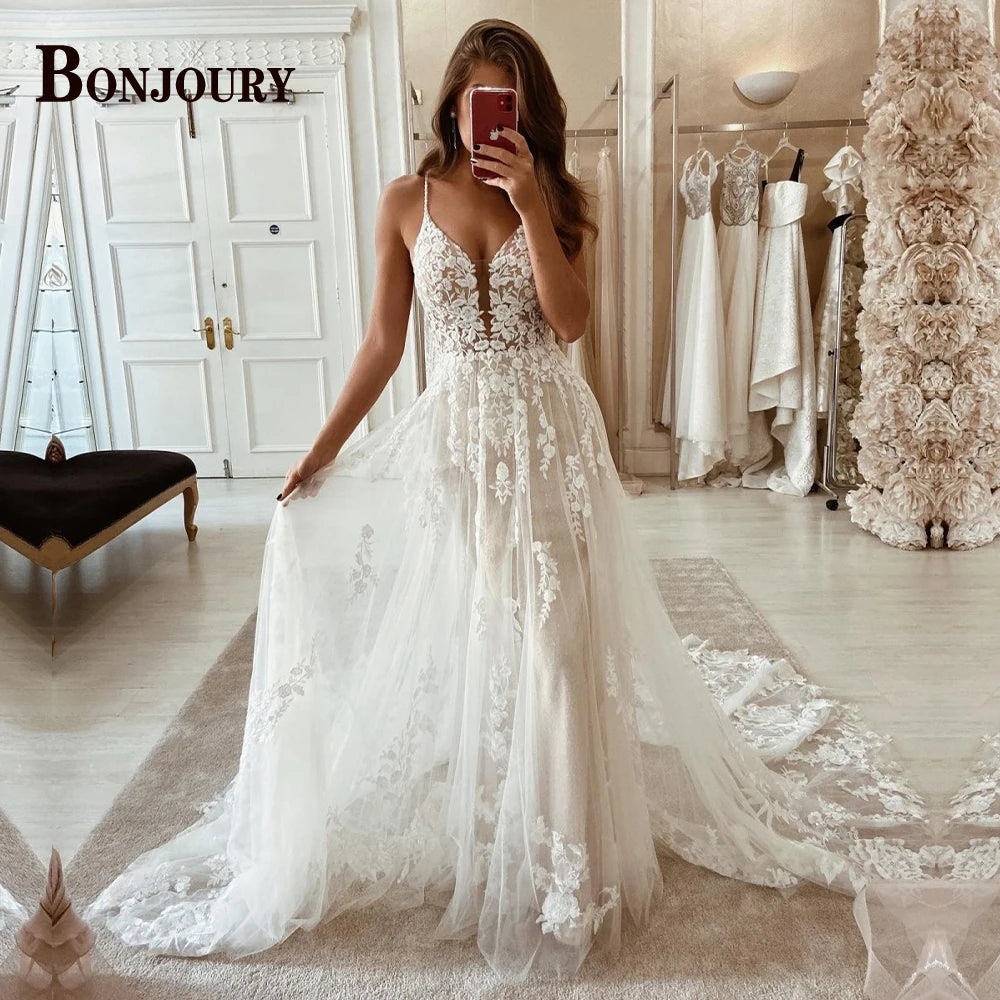 BONJOURY Charming Wedding Dress Mermaid Appliques Button Off the Shoulder Court Train Vestidos De Novia Brautmode Customized