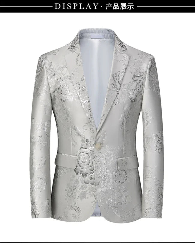 New Men Fashion Trend Wedding Party Jacquard Suit Jacket Single-breasted Slim Blazer Singer Host Stage Performance Dress Coats