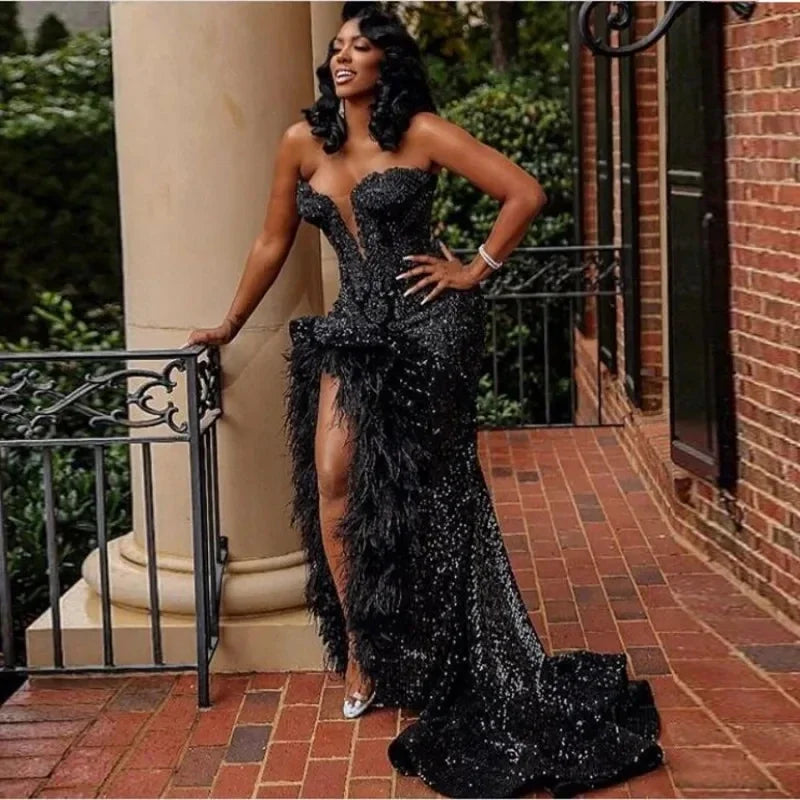 Feather Slit Long Prom Dresses For Black Girls Beaded Sequins Birthday Party Dresses African Evening Gown Robe De Customized