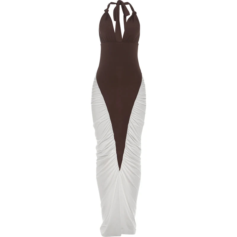 Kliou Ruched Elegant Long Dress Woman Halter Low-Neck Backless Contrast Patchwork Robe Midnight Banquet Party Classic Vestidos