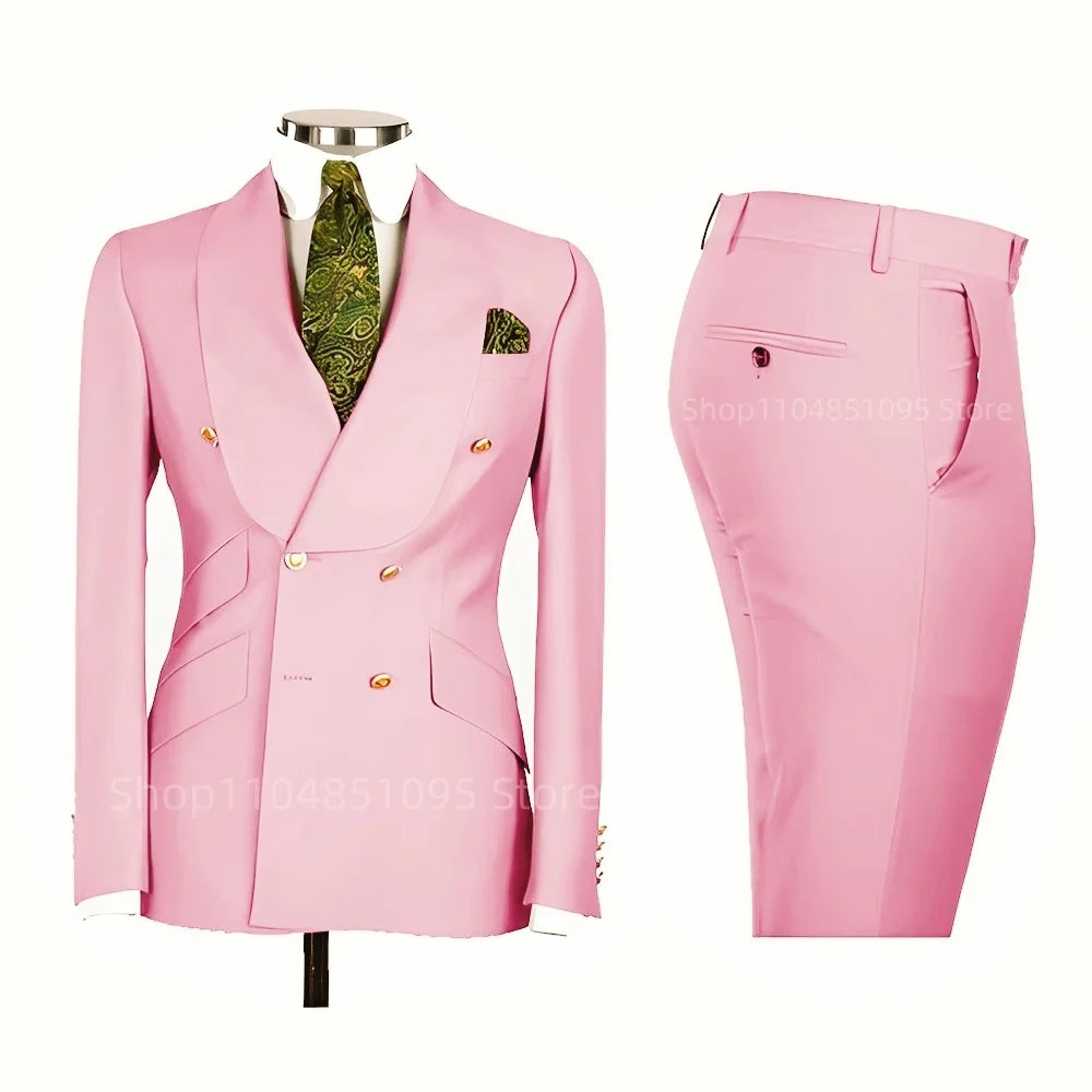 2 PCS Men's Smart Casual Solid Formal Tuxedo Suits with Shawl Lapel Double Breasted Jacket And Pants for Business And Wedding