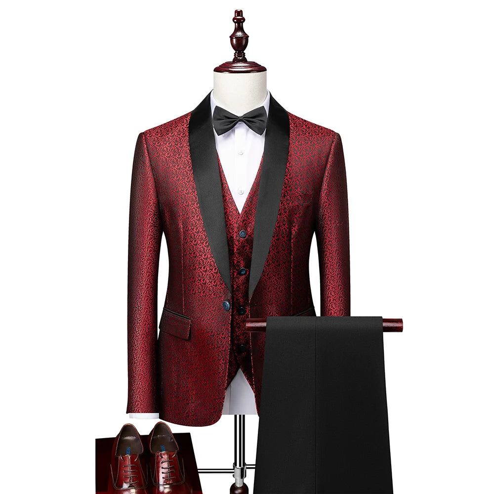 Fashion Men Luxury Wedding Suit Gold / Black / Burgundy / White Classic Homme Jacquard Tuxedo Dress Sets