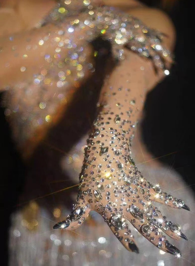 Luxurious Stretch Rhinestone Gloves WomenSparkling Crystal Mesh Long Perspective GlovesDancer Singer Stage Wear Accessories  7G