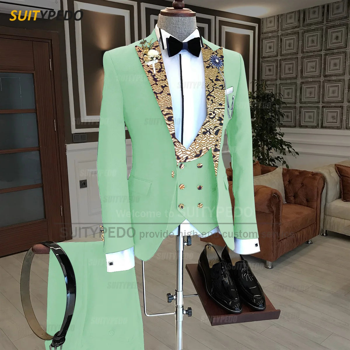 Luxury Men Suits Gold Printed Collar Formal Prom Male Elegant Costume Jacket Vest Pants 3 Pieces Wedding Party Fashion Tuxedos