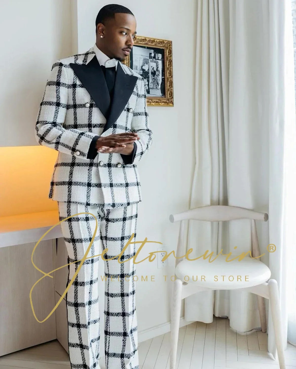 Blue Gold Jacquard Double Breasted Suit for Men Shawl Lapel Slim Fit Luxurious Fashion Statement Wedding Groom Stage Wear homme