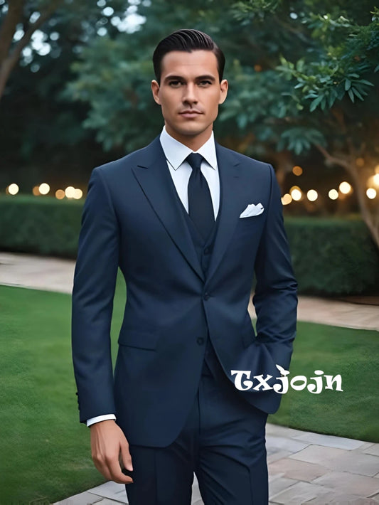 Classic Formal Men's Business Tuxedo 2 Pieces Blazer Pants Classy Blue Suit Set For Men Wedding Party Guest Outfit Customized