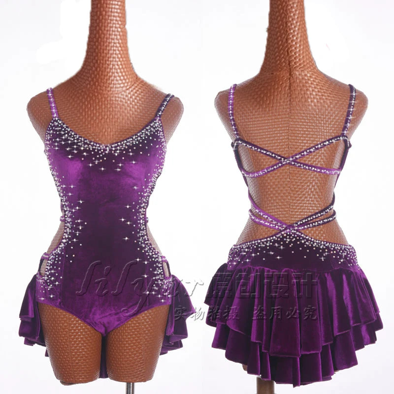 Pole Dancing Latin Dance Dress Steel Pipe Girl Costumes Skirt Performing Dress Adult Customize Children Stretch Velvet Wine  Red