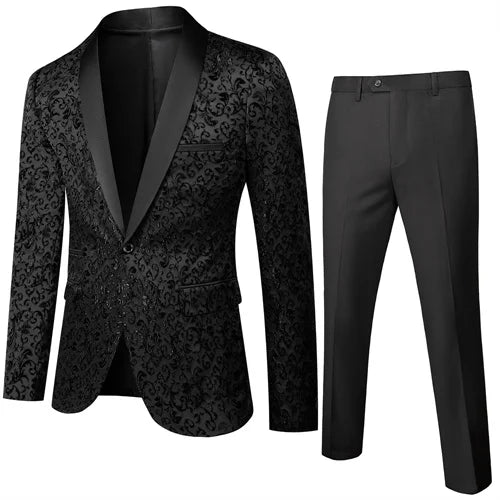 Fashion Men Luxury Wedding Suit Gold / Black / Burgundy / White Classic Homme Jacquard Tuxedo Dress Sets