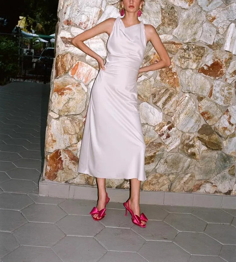 Early Autumn Silk Satin Texture Midi Dr High Waist A-Line Skirt No Sve round Ne Par Dr for Ladies in Their 20s