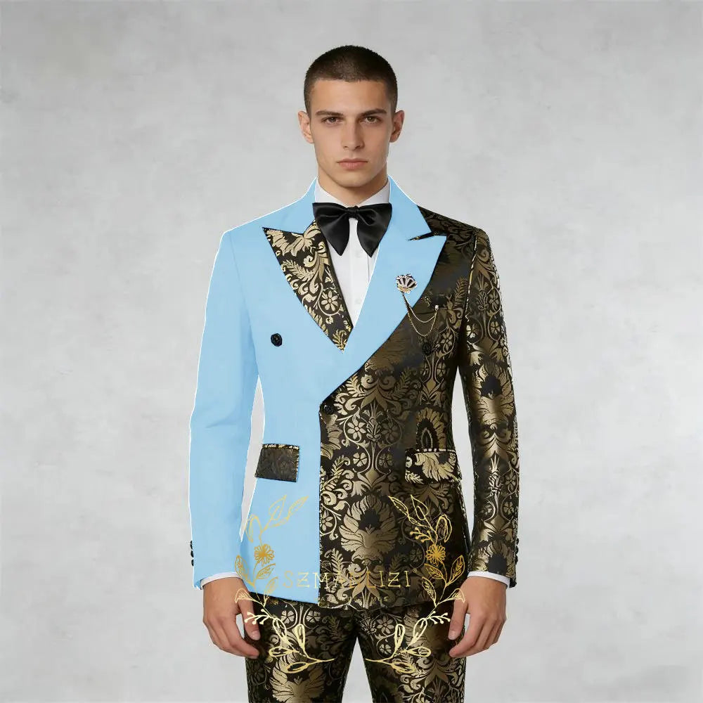 Black And Gold Floral Men's Suit 2 Piece Double Breasted Jacket Wedding Groom Tuxedo Formal Blazer Pants Sets terno masculino