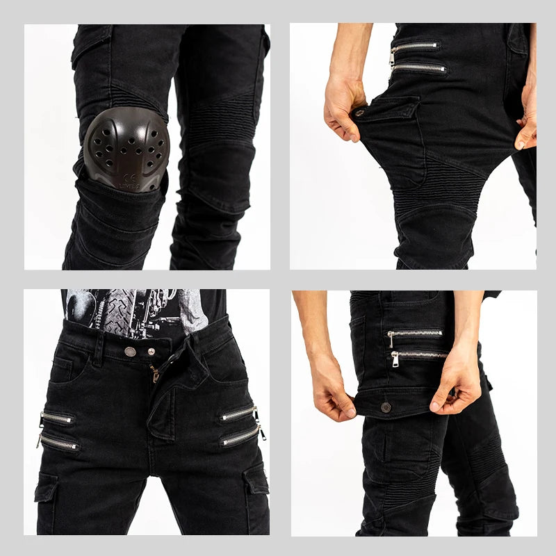 New Double Zipper Metal Style Motocross Trousers Men For Woman Outdoor elasticity Riding Jeans Protective Gear Motorcycle Pants