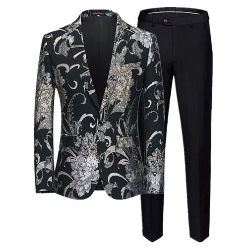 (Jacket + Trousers) Fashion Men Jacquard Suits, High Quality Male Business Social Groom Wedding Party Flower Dress Set