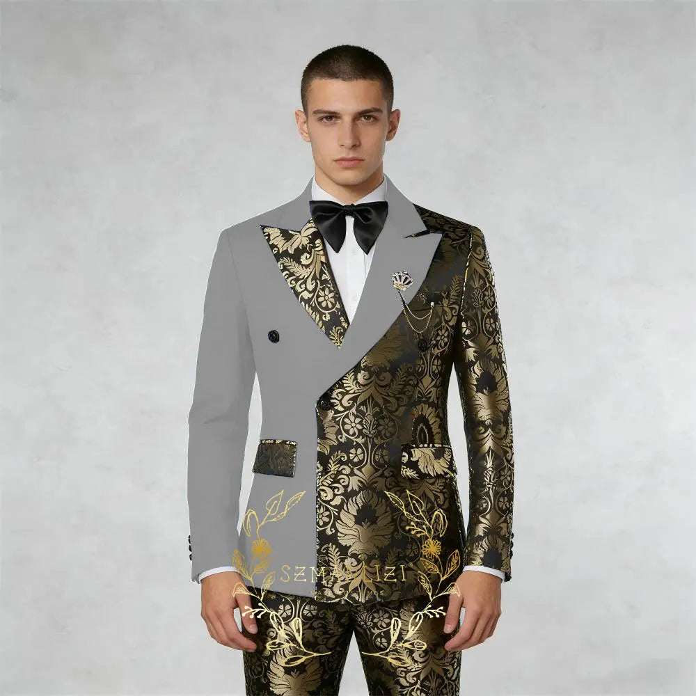 Black And Gold Floral Men's Suit 2 Piece Double Breasted Jacket Wedding Groom Tuxedo Formal Blazer Pants Sets terno masculino