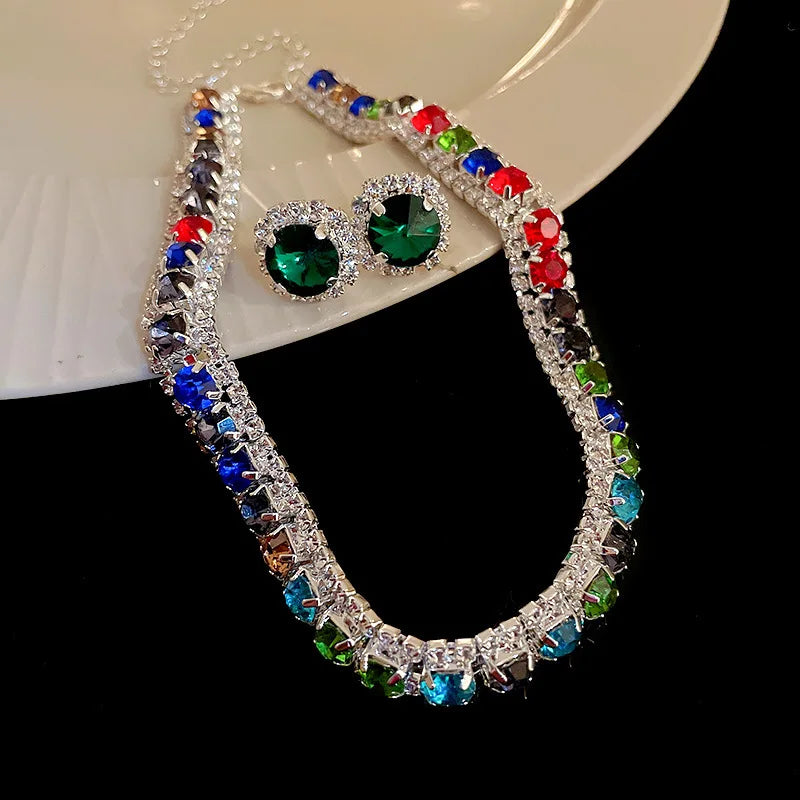 Luxury Green Rhinestone Necklace Stud Earrings For Women Crystal Choker Necklaces Ladies Fashion Weddings Banquet Jewelry Set