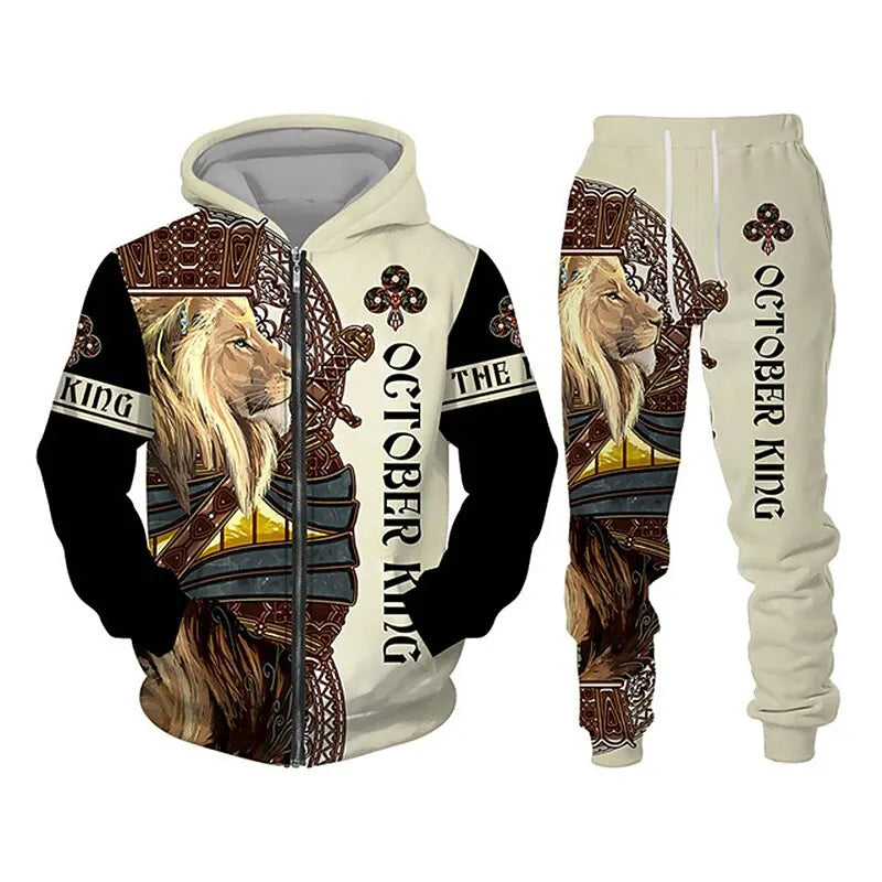 Men's Zip Hoodie Tracksuit Full Hoodies Set Lion Graphic Zipper 2 Piece Hooded Sports Outdoor Casual Sports 3D Print Streetwear