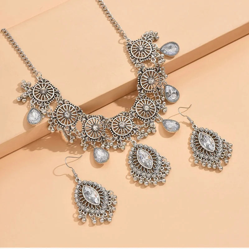 2pcs Vintage Indian Ethnic  Style Jewelry Set For Women Crystal  Inlaid Jewelry Sets  Water Drop Pendant Necklace Earring Set