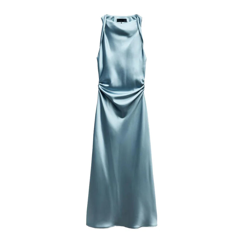 Early Autumn Silk Satin Texture Midi Dr High Waist A-Line Skirt No Sve round Ne Par Dr for Ladies in Their 20s