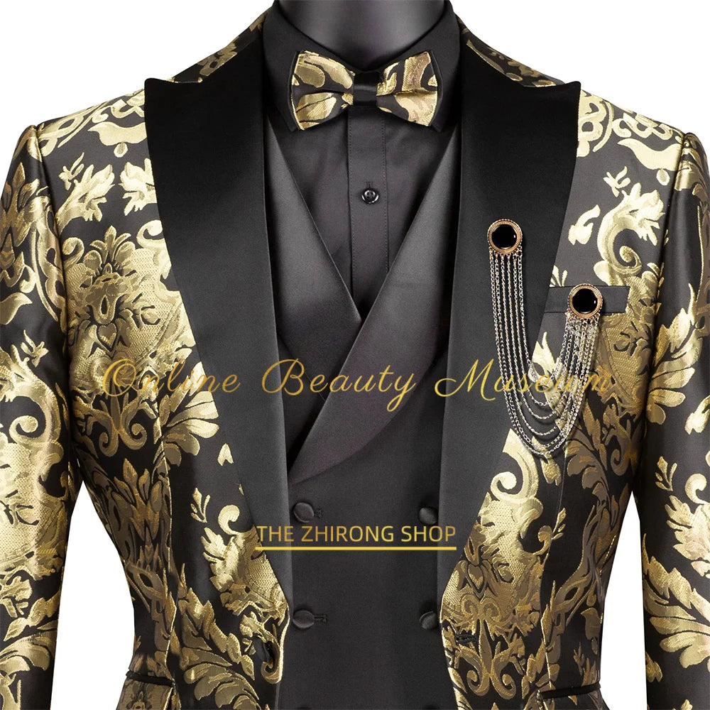 Chic Men's Modern Fit 3-Piece Suit Black Gold Jacquard Blazer Vest Pants Tailored Wedding Clothes for Groom Prom Dinner Party