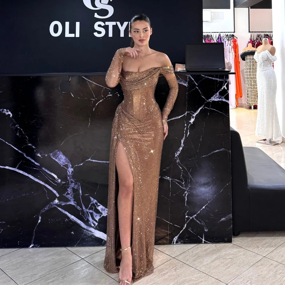 Bella Customized Champagne Side Slit robes de soirée One Shoulder Sequins Sleeveless Evening Dresses Floor-Length Wedding Dress