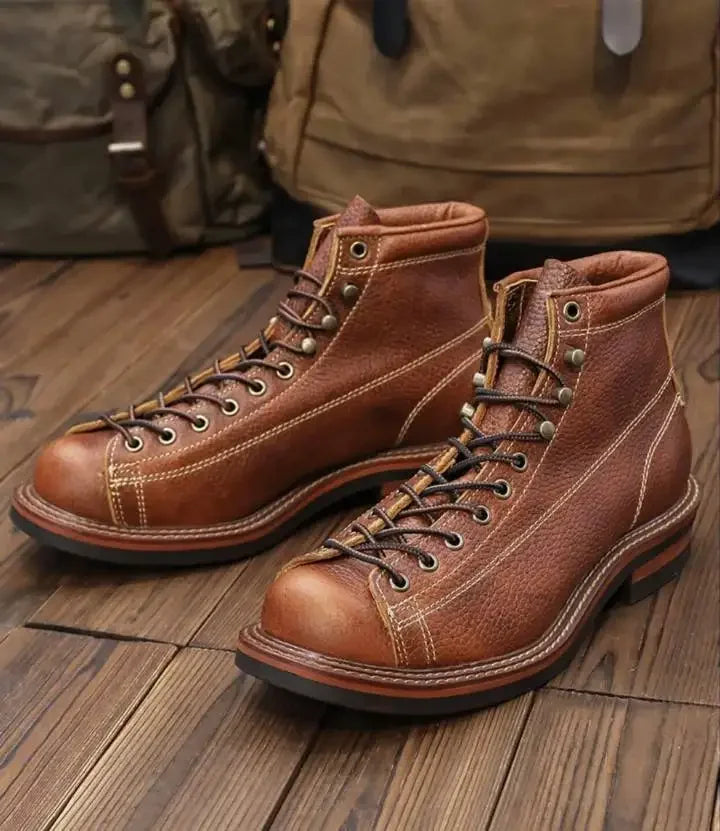 KOWM Hiking shoes cowhide men's trekking boot British ankle casual sneakers trekking shoes thick soled high top motorcycle boots