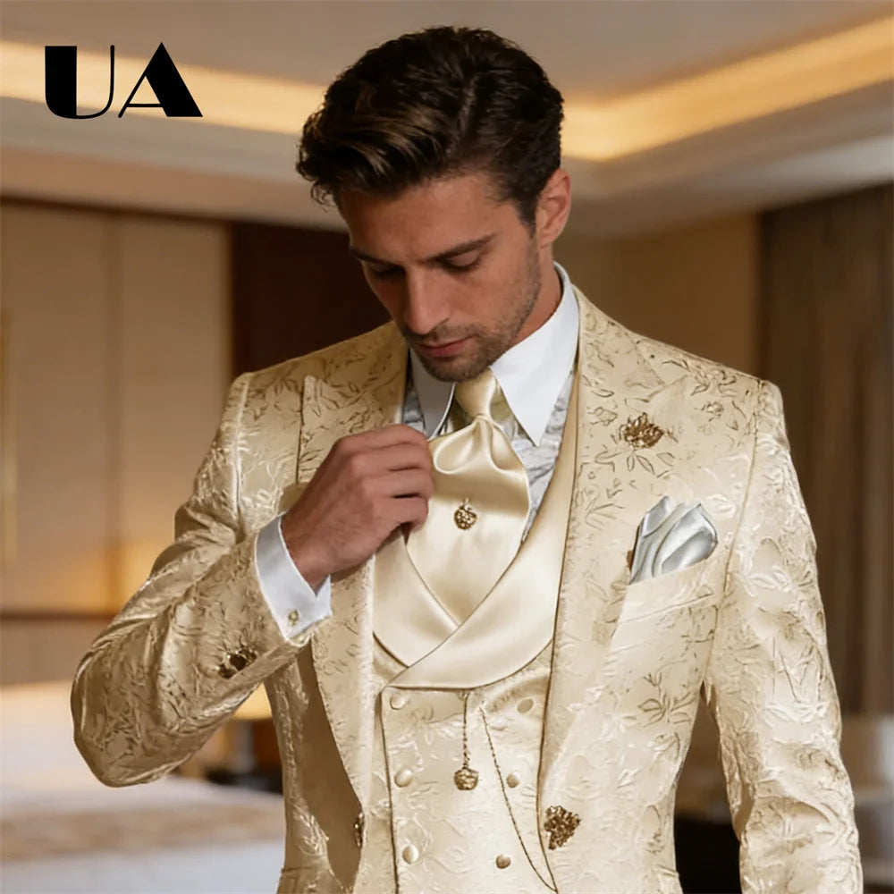 Custom Tailored Mens Three Piece Wedding Suit Jacket Pants Waistcoat Jacquard Prom Suit Attires Blazer Trousers Vest
