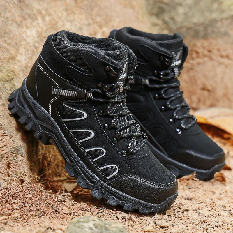 Mens Trekking Boots Thick Soles Wear-resistant Suede Leather Breathe Lace Up Sneakers Winter Warmth Comfort Camping Hiking Shoes