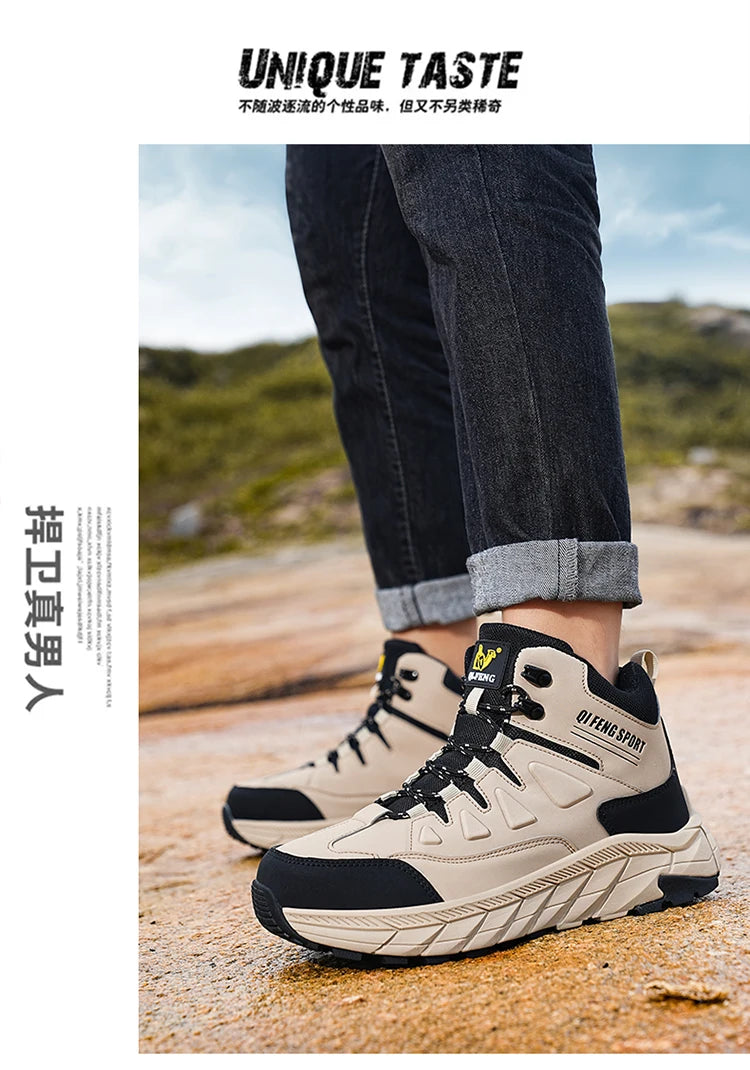 Large Size 48 Leather Hiking Boots Mens Winter Outdoor Warm Fur Non Slip 2025 Fashion Hike Ankle Boot Black Hunting Boots Rubber