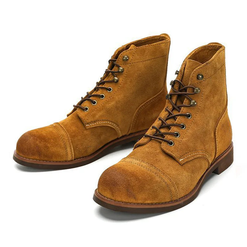 KOWM Hiking shoes cowhide men's trekking boot British ankle casual sneakers trekking shoes thick soled high top motorcycle boots