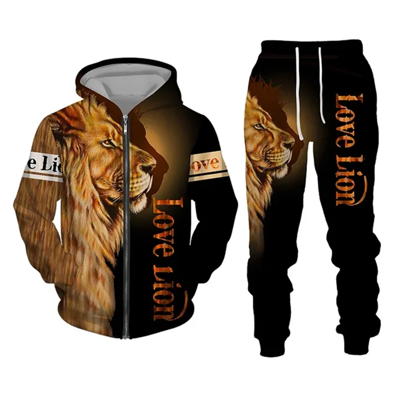 Men's Zip Hoodie Tracksuit Full Hoodies Set Lion Graphic Zipper 2 Piece Hooded Sports Outdoor Casual Sports 3D Print Streetwear