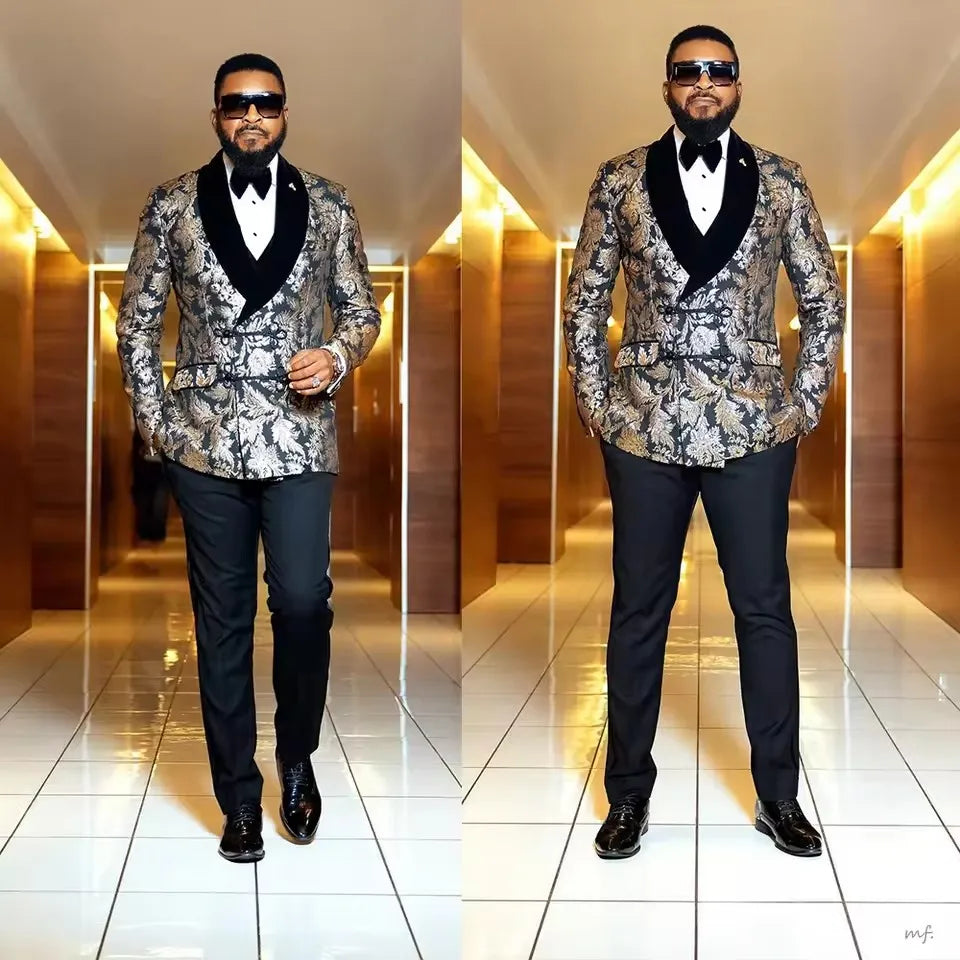 Luxury Coat Pant Design Gold Jacquard Men's Suit Black Velvet Shawl Lapel Wedding Party Suits 2 Piece Set Groom Tuxedo Banquet