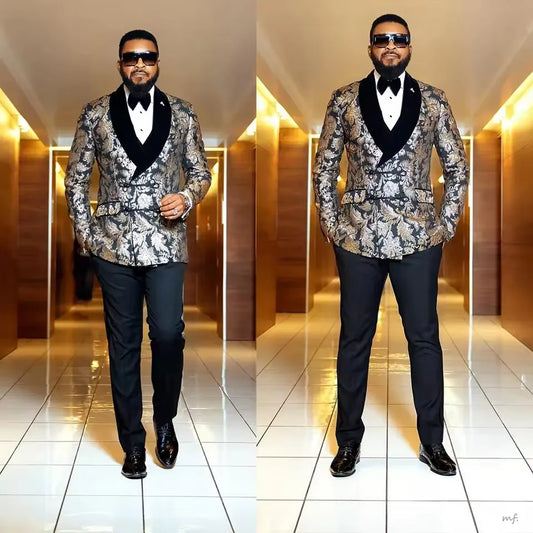 Luxury Coat Pant Design Gold Jacquard Men's Suit Black Velvet Shawl Lapel Wedding Party Suits 2 Piece Set Groom Tuxedo Banquet