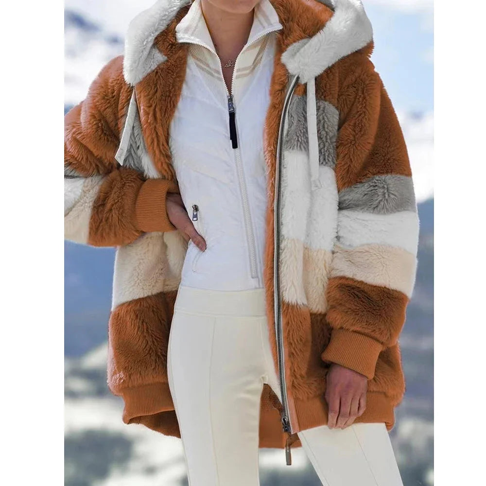 Oversized Jacket for Women Coat 2025 Autumn Winter Warm Plush Pocket Hooded Streetwear Loose Lady Zipper Cashmere Outerwear Coat