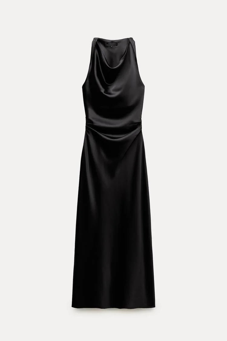 Early Autumn Silk Satin Texture Midi Dr High Waist A-Line Skirt No Sve round Ne Par Dr for Ladies in Their 20s