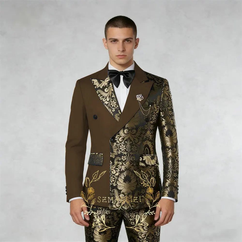 Black And Gold Floral Men's Suit 2 Piece Double Breasted Jacket Wedding Groom Tuxedo Formal Blazer Pants Sets terno masculino