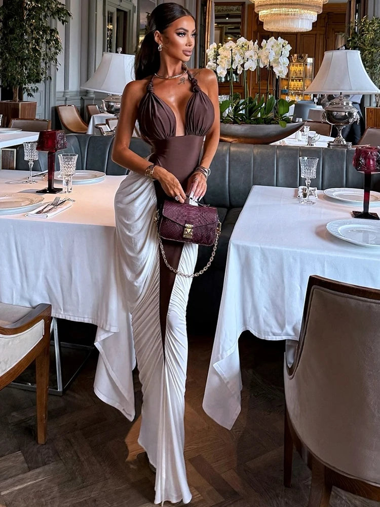 Kliou Ruched Elegant Long Dress Woman Halter Low-Neck Backless Contrast Patchwork Robe Midnight Banquet Party Classic Vestidos