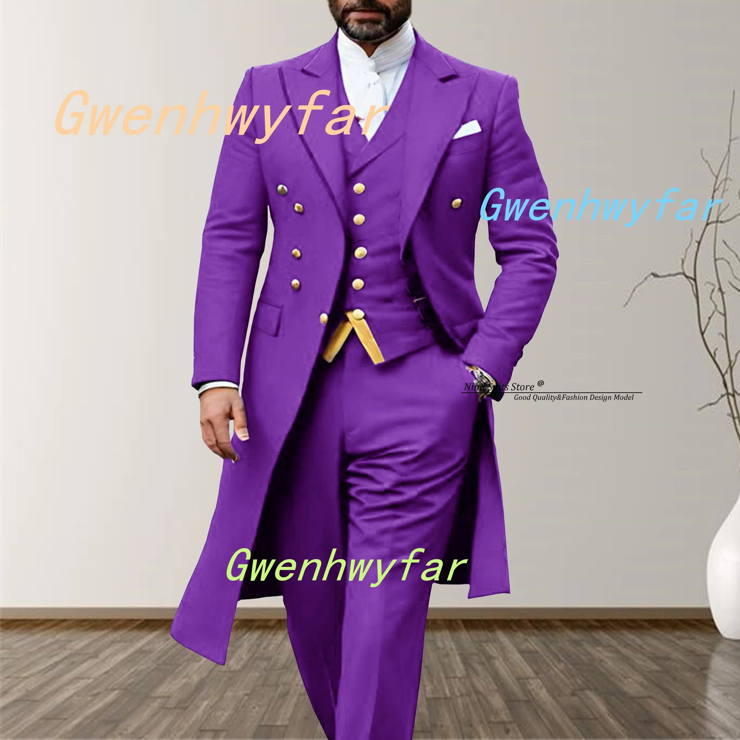 Gwenhwyfar 2025 Elegant Long Men's Suits 3-piece set of Turquoise Men's Wedding Costume with Golden Stitching Vest Casual Pants