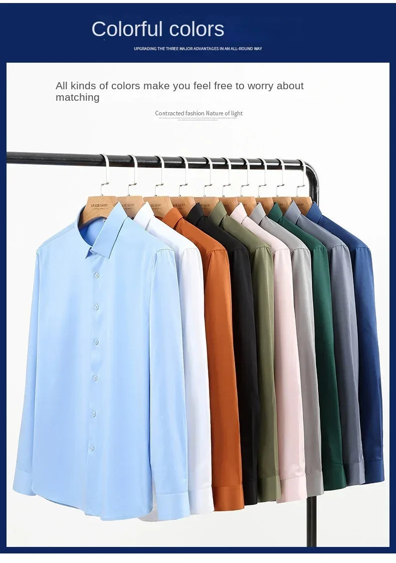S-6XL White Shirt Men's Spring and Autumn Business Dress Non iron Korean Fit Anti wrinkle Solid Color Shirt