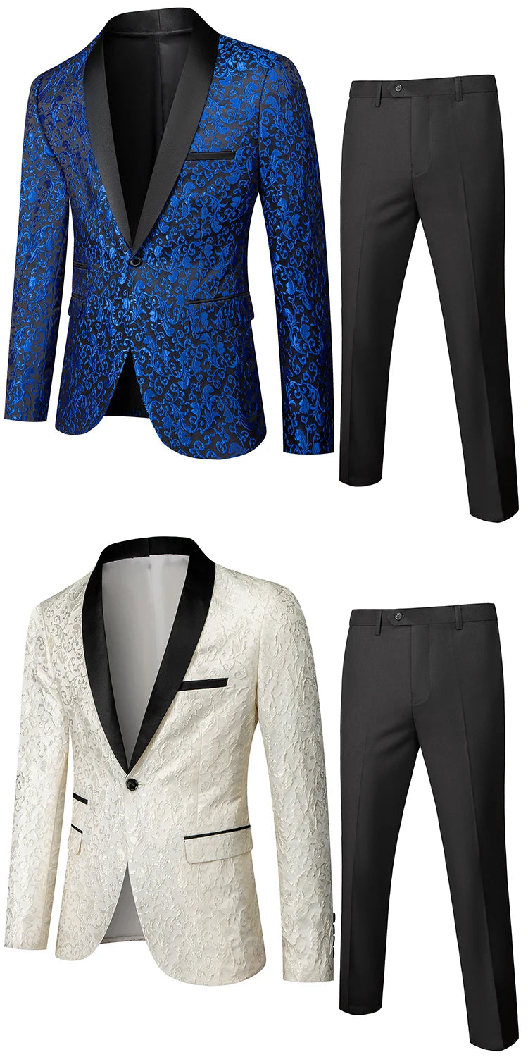 Fashion Men Luxury Wedding Suit Gold / Black / Burgundy / White Classic Homme Jacquard Tuxedo Dress Sets