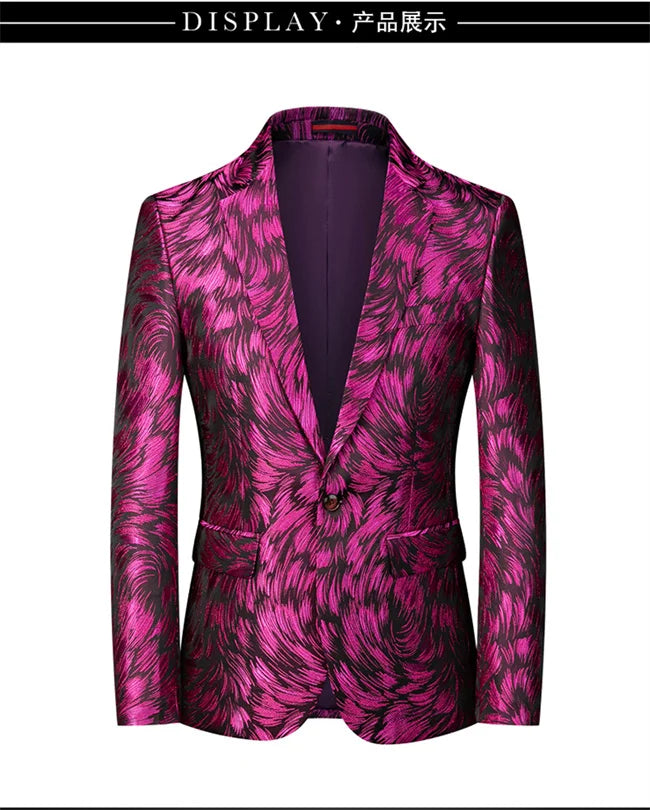New Men Fashion Trend Wedding Party Jacquard Suit Jacket Single-breasted Slim Blazer Singer Host Stage Performance Dress Coats