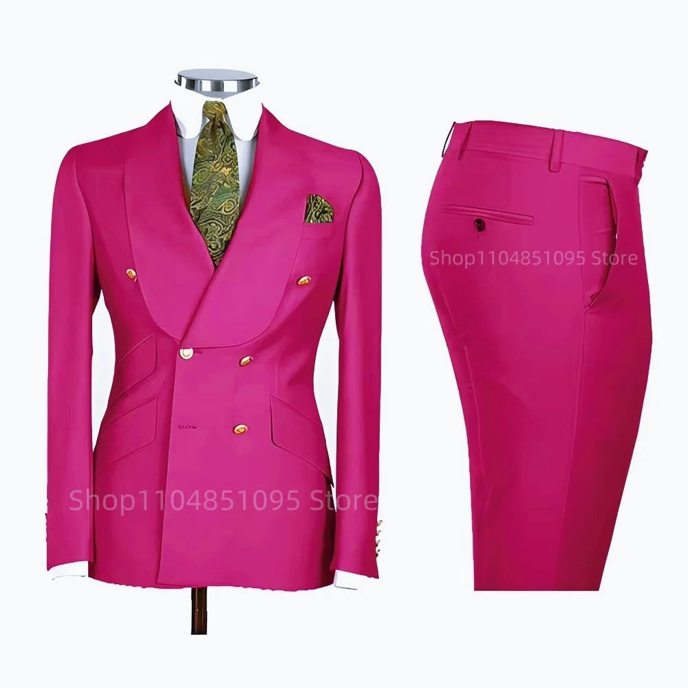 2 PCS Men's Smart Casual Solid Formal Tuxedo Suits with Shawl Lapel Double Breasted Jacket And Pants for Business And Wedding