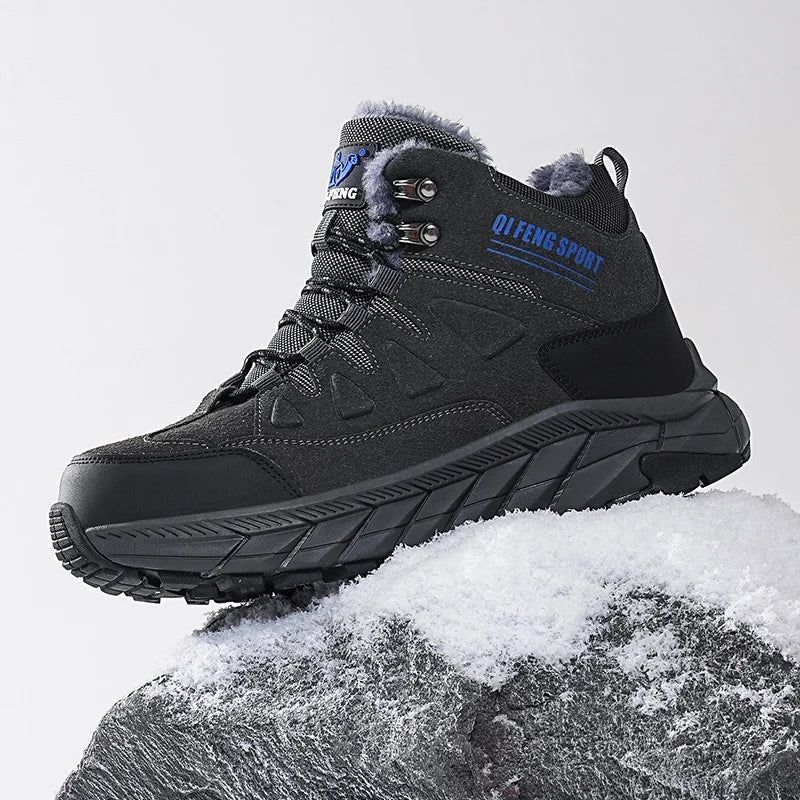 Large Size 48 Leather Hiking Boots Mens Winter Outdoor Warm Fur Non Slip 2025 Fashion Hike Ankle Boot Black Hunting Boots Rubber