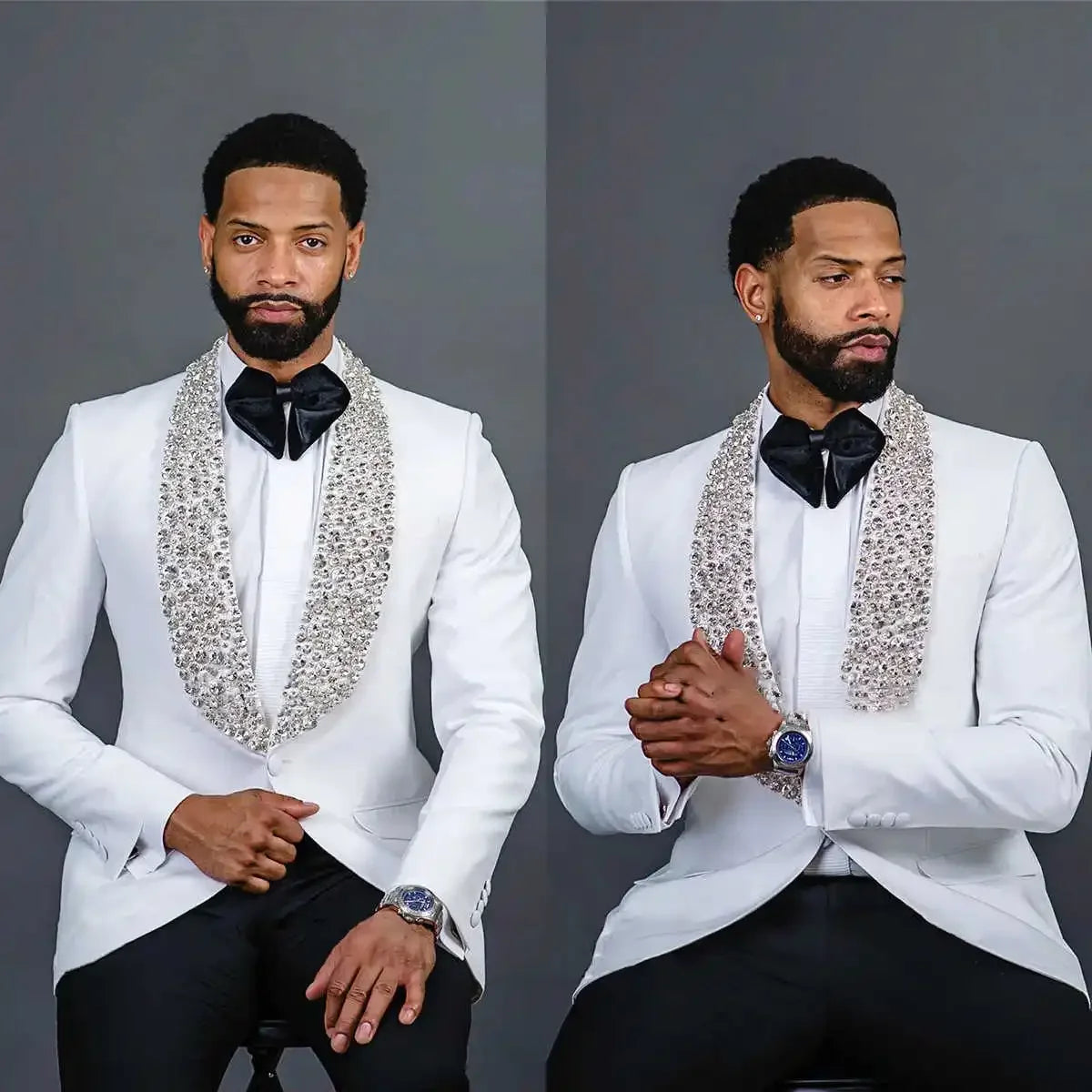 Black Men Suits Set 2 Pieces Blazer+Pant+Belt Crystal Beadding Prom Groom Wedding Tuxedo Tailored Made Formal Party Outfit