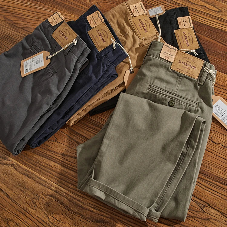 May Khaki American retro simple cargo pants men's heavy chino casual pants straight leg all matching tapered pants
