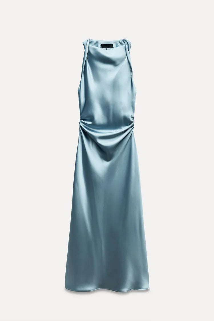 Early Autumn Silk Satin Texture Midi Dr High Waist A-Line Skirt No Sve round Ne Par Dr for Ladies in Their 20s