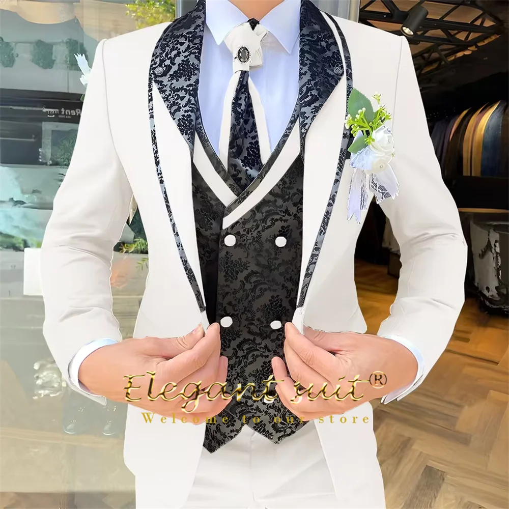 Men's 3-Piece Suit Set, Black Jacquard Vest, Contrast Style, Suit, Vest & Trousers, Weddings & Celebrations Choice