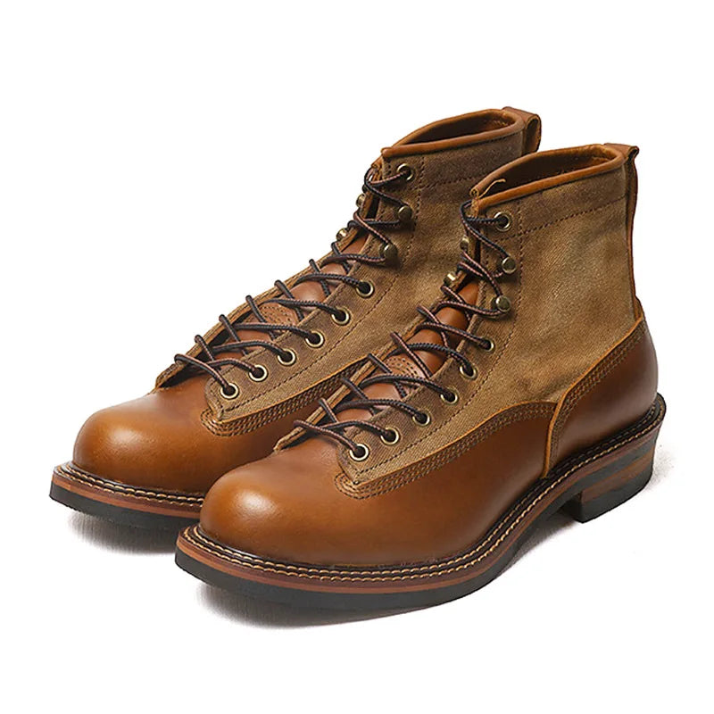 KOWM Hiking shoes cowhide men's trekking boot British ankle casual sneakers trekking shoes thick soled high top motorcycle boots