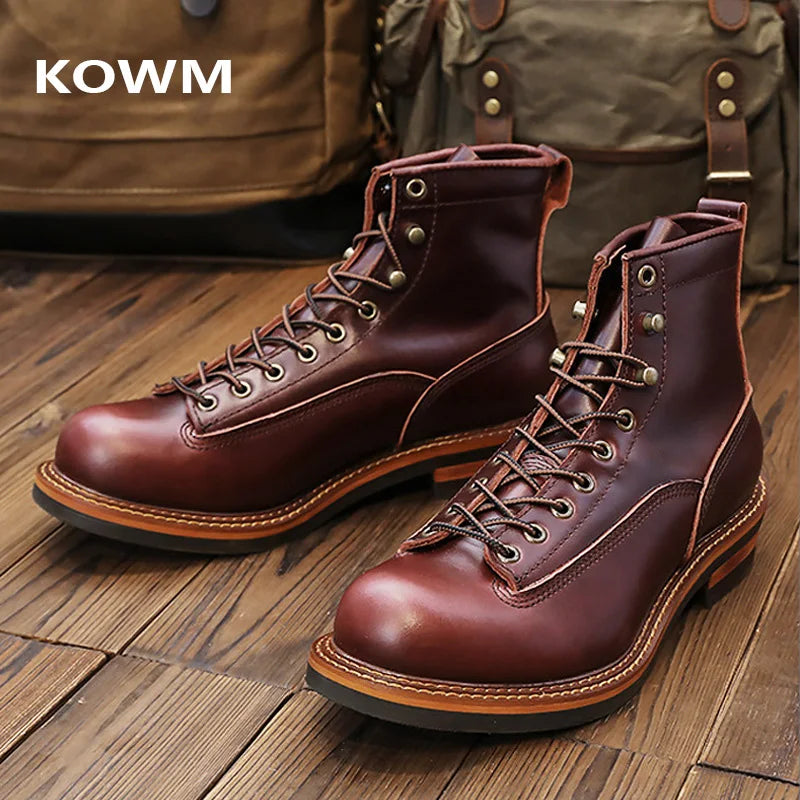 KOWM Hiking shoes cowhide men's trekking boot British ankle casual sneakers trekking shoes thick soled high top motorcycle boots