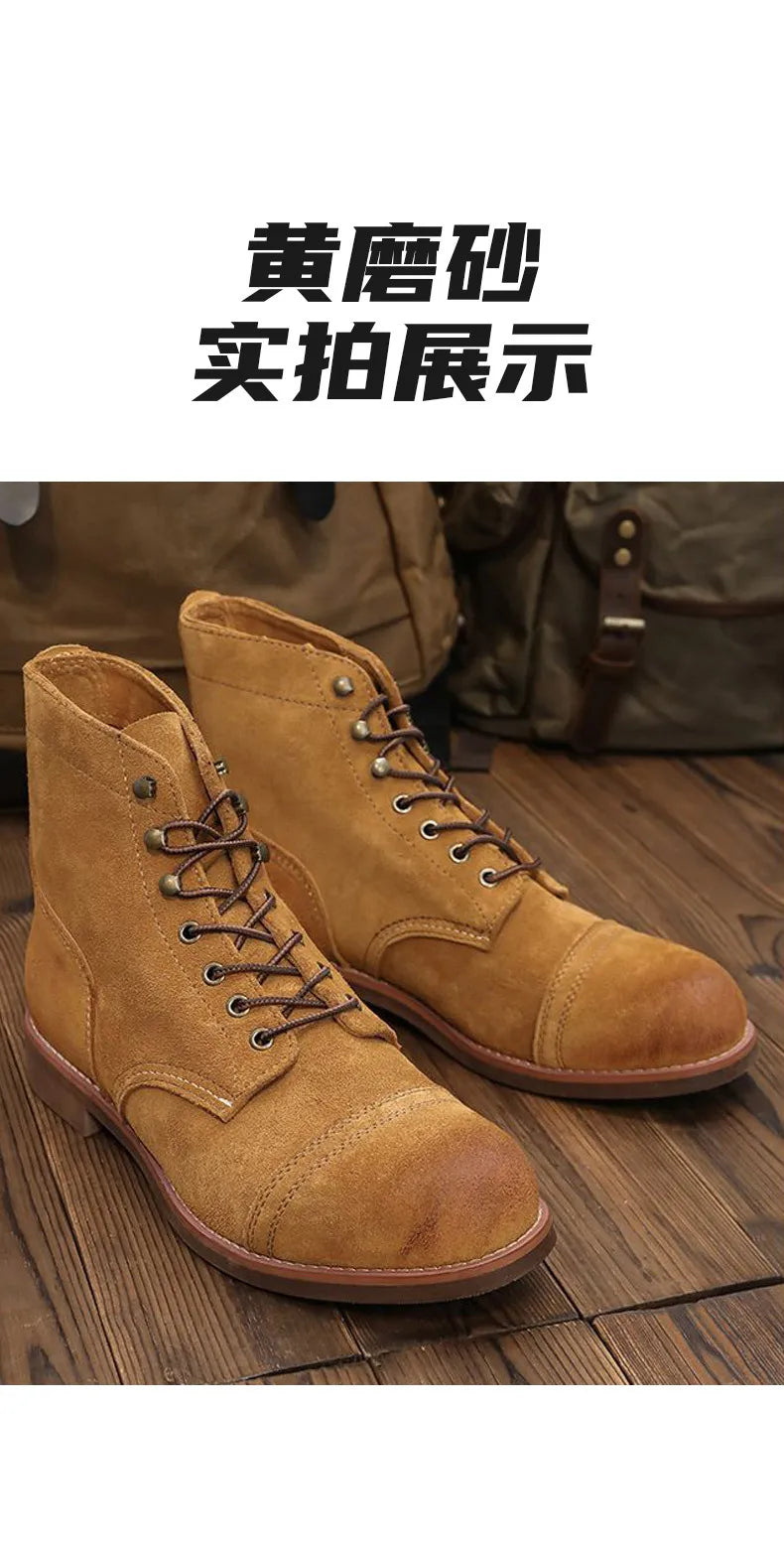 KOWM Hiking shoes cowhide men's trekking boot British ankle casual sneakers trekking shoes thick soled high top motorcycle boots